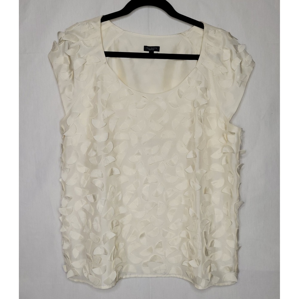 Talbots Womens Ivory 100% Silk Textured Applique Scoop Neck Blouse Top‎